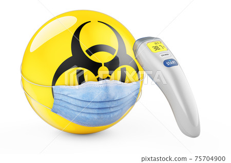 Biohazard symbol flag with medical mask and infrared electronic thermometer. 3D rendering 75704900