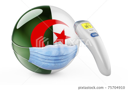 Algerian flag with medical mask and infrared electronic thermometer. Pandemic in Algeria concept, 3D rendering 75704910