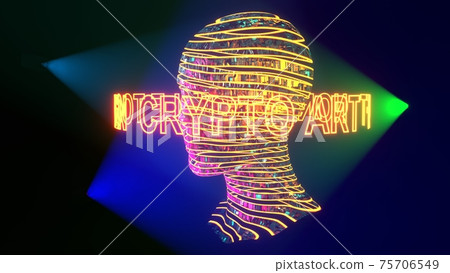 Crypto art concept - digital human 3D head, 3D rendering in cinema style atmosphere with text, 3D rendering Crypto art concept - digital human 3D head, 3D rendering in cinema style atmosphere with text, 3D rendering 75706549