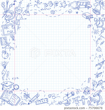 Freehand drawing school stationery items on sheet of exercise book 75706678
