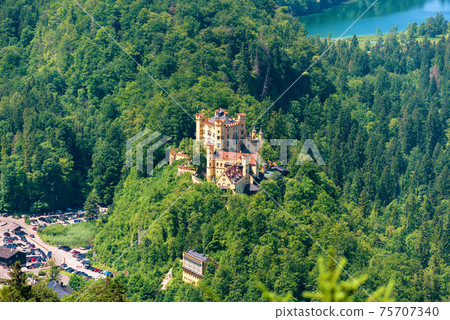 Aerial view of Hohenschwangau Castle on mountain top, Germany 75707340