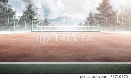 Tennis court. Front view. Trees and mountains around the tennis court in nature. Mountain in the background Tennis court. Front view. Trees and mountains around the tennis court in nature. Mountain in the background 75710870