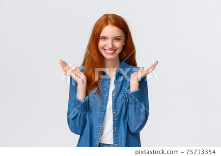 Bravo, very good. Impressed alluring smiling happy redhead woman, wear denim shirt, clap hands, applause and grinning joyfully, pleased with awesome performance, standing white background praising Bravo, very good. Impressed alluring smiling happy redhead woman, wear denim shirt, clap hands, applause and grinning joyfully, pleased with awesome performance, standing white background praising 75713354
