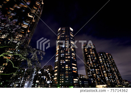 Night view of high-rise tower apartments in Shinonome, Tokyo 75714362