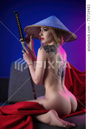 nude slender woman and asian hat with katana in hand image of samurai in neon room with tattoo on back nude slender woman and asian hat with katana in hand image of samurai in neon room with tattoo on back 75718481