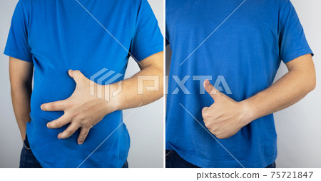 Before and after. In one half of the picture, the man clasped his swollen belly, and in the second, he shows that the problem is gone. Problems with flatulence, bloating, gas, gastrointestinal tract 75721847