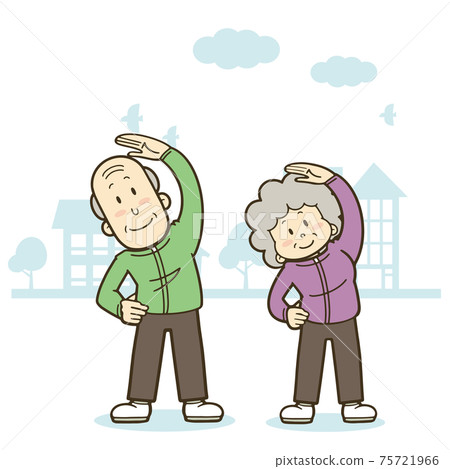 Illustration of a cheerful senior couple stretching Illustration of a cheerful senior couple stretching 75721966