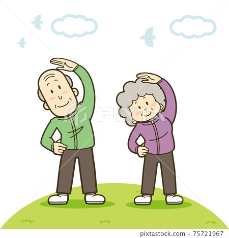 Illustration of a cheerful senior couple stretching Illustration of a cheerful senior couple stretching 75721967