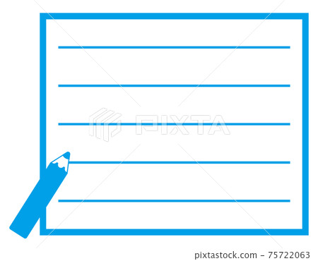 Stationery frame, ruled lines, memo paper, pencil, blue Stationery frame, ruled lines, memo paper, pencil, blue 75722063