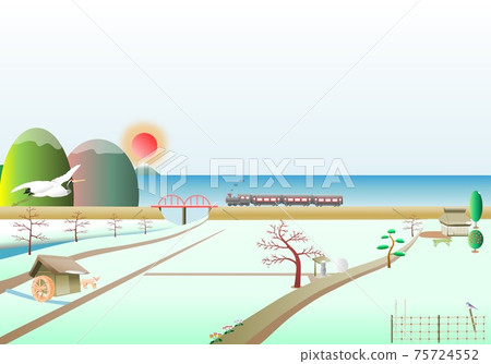 New Year's card Inaka Asahi crane locomotive New Year's card Inaka Asahi crane locomotive 75724552
