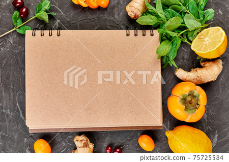Notebook with healthy products, trendy virus protection food 75725584