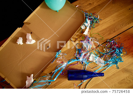 Messy wooden table at morning after party. 75726458