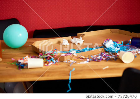 Messy wooden table at morning after party. Messy wooden table at morning after party. 75726470