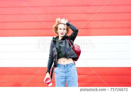 Red haired young millennial Hipster girl in city 75726672