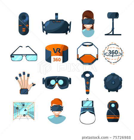 Different symbols of virtual reality. Electronic and computer technology of future. icons set in cartoon style 75726988