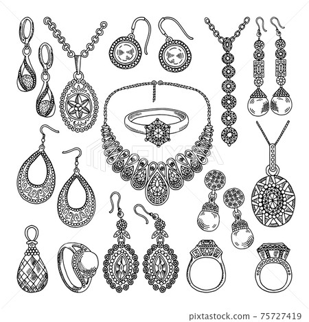 Golden and silver jewelry. Different diamonds and crystals. Hand drawing illustrations 75727419