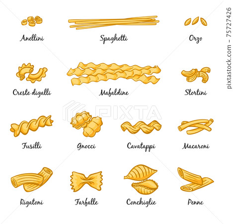 Macaroni, spaghetti and others type of italian pasta. pictures isolate on white 75727426