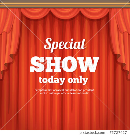 Poster with theater stage and red curtain. Cartoon style illustration 75727427