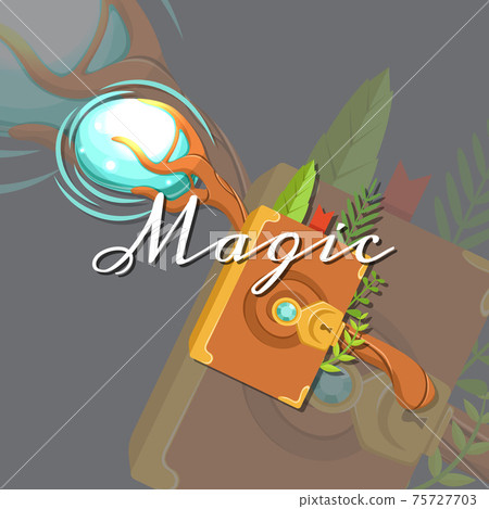 fantasy cartoon style game design medieval crossed magic staff and spellbook elements with lettering and shadows 75727703