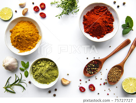 Various spices isolated on white background, top view 75727727