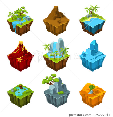 Fantasy isometric islands with vulcans, different plants and rivers. Interface elements in cartoon style. pictures for computer games 75727915