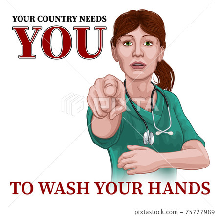 Doctor Nurse Woman Needs You Wash Hands Pointing 75727989