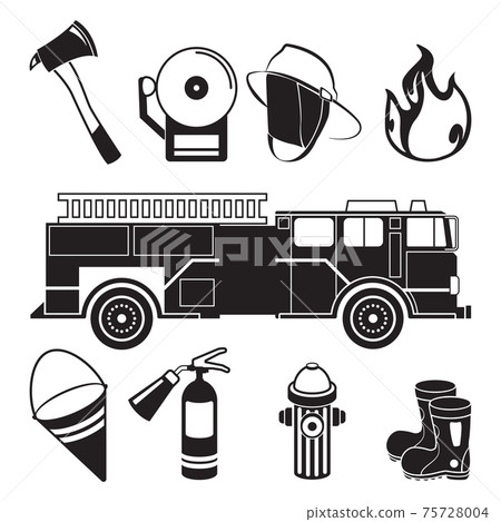 Monochrome illustrations of fireman tools in fire station department 75728004