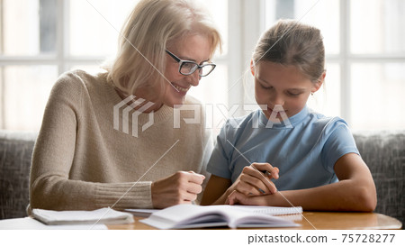 Smiling grandmother and granddaughter do homework together 75728277