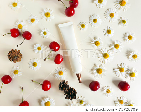 Face and eye cream squeeze cosmetic tube with long nozzle and bronze screw cap and camomiles, cherry berries and fir cones on ivory background. Cosmetics spa branding mockup, flatlay. Face and eye cream squeeze cosmetic tube with long nozzle and bronze screw cap and camomiles, cherry berries and fir cones on ivory background. Cosmetics spa branding mockup, flatlay. 75728709