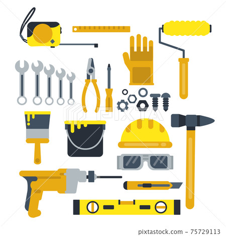Building or repair tools, work helmet, hammer, paint gloves and other industrial icons set 75729113