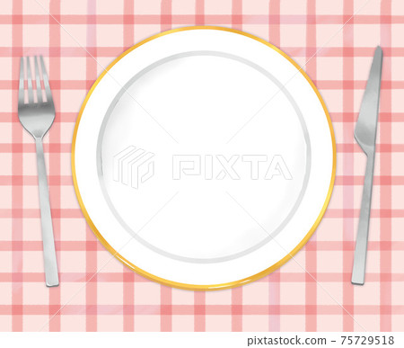 Illustration of a simple white plate, knife and fork 75729518