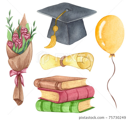 Watercolor Graduation set of Graduation cap, flowers, balloons and stack of books. Hand drawn school illustration Watercolor Graduation set of Graduation cap, flowers, balloons and stack of books. Hand drawn school illustration 75730249