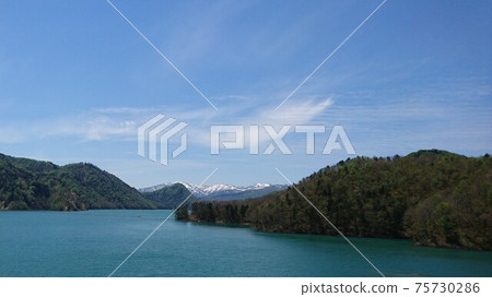 Dam lake, mountains and sky Dam lake, mountains and sky 75730286