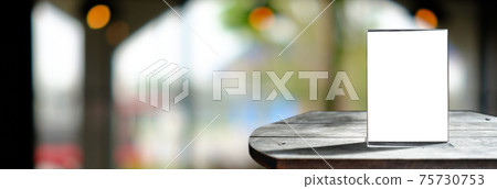 Stand Mock up Menu frame tent card blurred background design key visual layout. 75730753