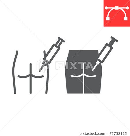 Intramuscular injection line and glyph icon, vaccination and syringe, buttock injection vector icon, vector graphics, editable stroke outline sign, eps 10. 75732115