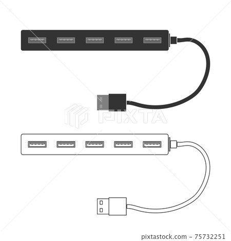 A set of USB splitters with ports and cable. A splitter for your computer or laptop. Flat vector illustration 75732251