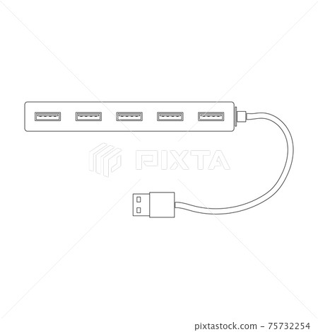 Rectangular USB hub in contour design with single-row USB ports and cable. A splitter for a computer or laptop. Flat vector illustration Rectangular USB hub in contour design with single-row USB ports and cable. A splitter for a computer or laptop. Flat vector illustration 75732254
