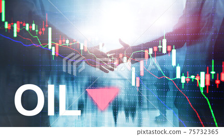 Oil trend down. Candle graph chart Oil barrels and a financial chart on abstract business background. Price oil down. Barrel arrow down 75732365