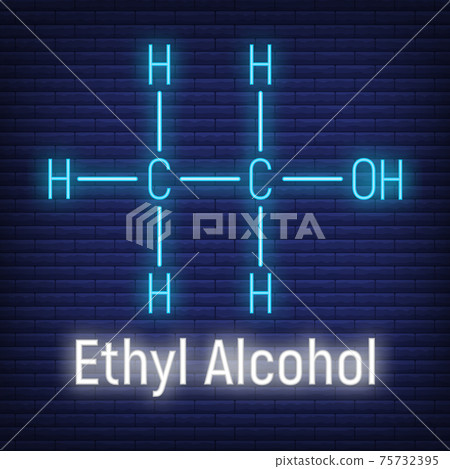 Ethyl spirit alcohol glow neon style concept chemical formula icon label, text font vector illustration, isolated on wall background. Periodic element table. Ethyl spirit alcohol glow neon style concept chemical formula icon label, text font vector illustration, isolated on wall background. Periodic element table. 75732395