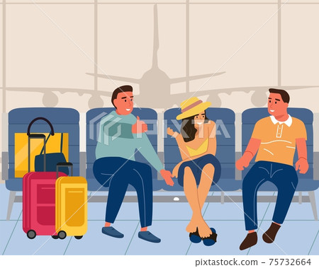 People in airport. Men and woman sitting with luggage in vestibule. Young characters talking. Tourists waiting for departure and boarding airplane. Traveling by air, vector illustration 75732664