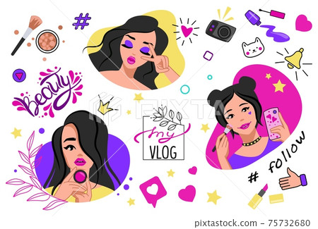 Blogger post. Cartoon beauty blog banner. Girls using decorative cosmetic products. Women recording videos with makeup tutorial. Female portraits and lettering. Vector content creators set 75732680