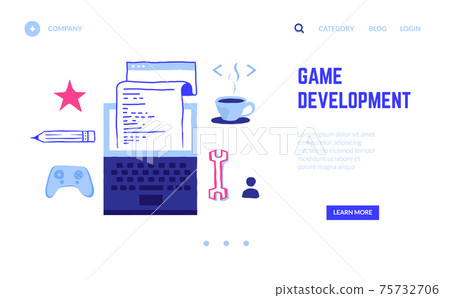 Game development landing page. Programming VR entertainment cyber project, writing digital code. Website interface with buttons. Doodle laptop and joystick. Vector web service UI mockup 75732706