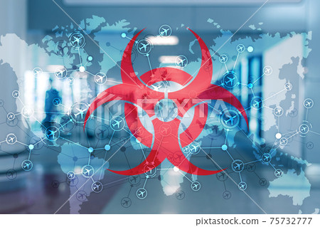 Logo coronavirus in the blurry background of the China airport. 75732777