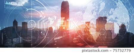 3D Visual interface char graphics diagrams infographics business intelligence analytics trading investment concept city view website header background. 75732779