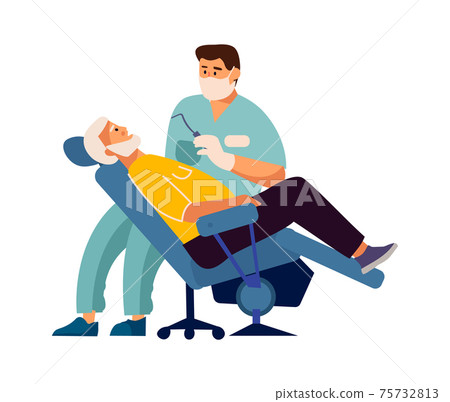 Dentist treats patient teeth. Stomatology concept. Man sitting in medical armchair, dental doctor checking oral hygiene. Appointment with stomatologist in clinic, vector dentistry Dentist treats patient teeth. Stomatology concept. Man sitting in medical armchair, dental doctor checking oral hygiene. Appointment with stomatologist in clinic, vector dentistry 75732813