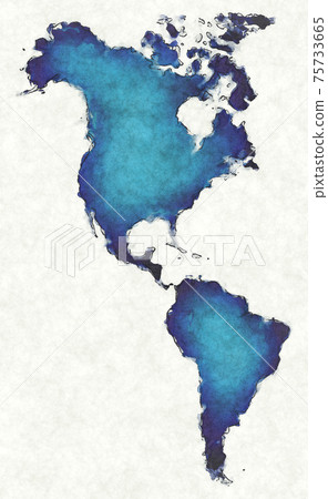 America map with drawn lines and blue watercolor illustration 75733665