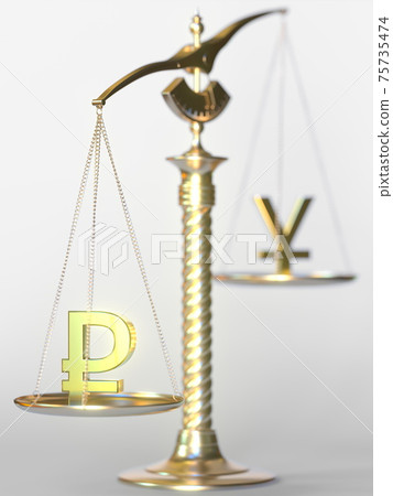 Ruble RUB weighs more than Yen on balance scales. Forex trend concept. 3d rendering Ruble RUB weighs more than Yen on balance scales. Forex trend concept. 3d rendering 75735474
