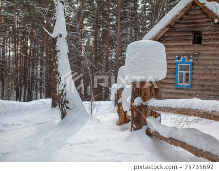 Large snow caps on the stumps of the fence in winter. Large snow caps on the stumps of the fence in winter. 75735692