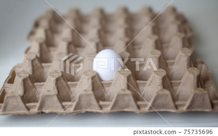 The only egg among the empty cells of a large cardboard package 75735696