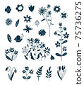 Decorative elements of spring and summer plants. Easter decoration. Silhouettes of flowers. Wildflowers. Wild grass. Floral elements for your design. Vector illustration. 75736275